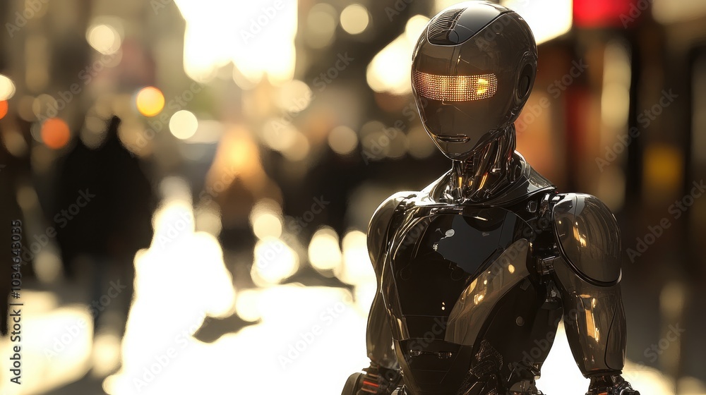 A robotic humanoid figure stands on an urban street A robotic humanoid figure stands on an urban street