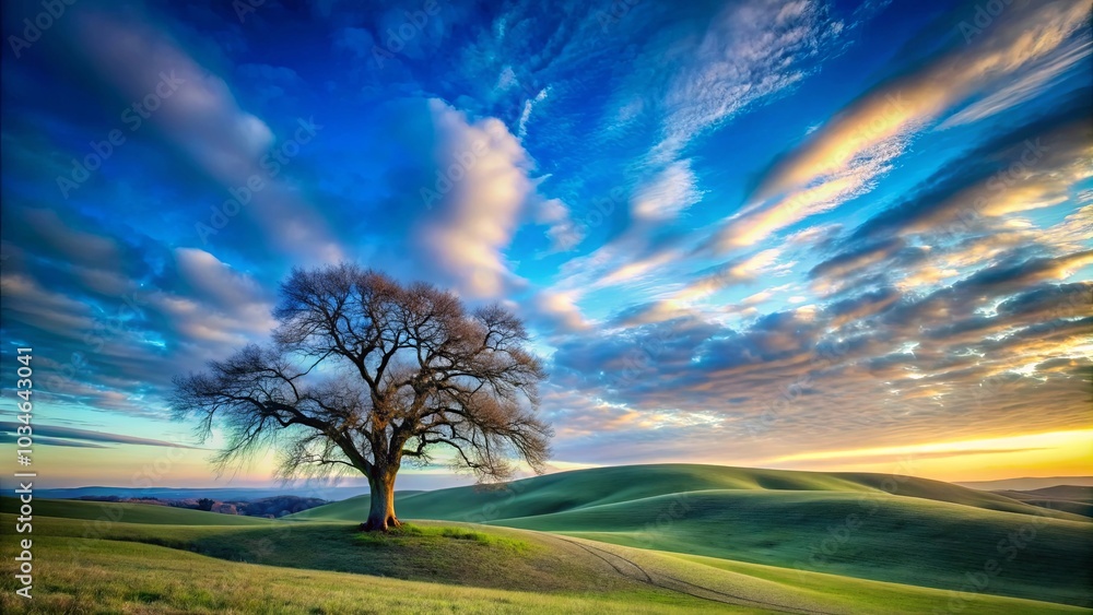 A lone tree stands tall against a backdrop of vibrant blue sky and rolling green hills, bathed in the golden glow of a setting sun. A lone tree stands tall against a backdrop of vibrant blue sky and rolling green hills, bathed in the golden glow of a setting sun.