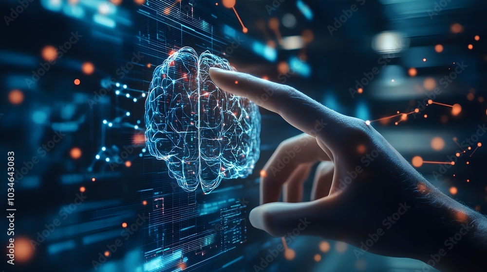 Hand touching data of brain and science on network connection, AI, Artificial intelligence, Machine learning, Technology and science. Hand touching data of brain and science on network connection, AI, Artificial intelligence, Machine learning, Technology and science.