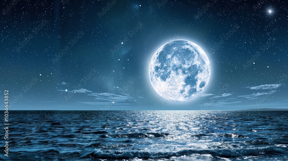 Glowing supermoon rising above calm ocean horizon, casting soft light on water. Clear sky with scattered stars creates serene and magical atmosphere. Glowing supermoon rising above calm ocean horizon, casting soft light on water. Clear sky with scattered stars creates serene and magical atmosphere.