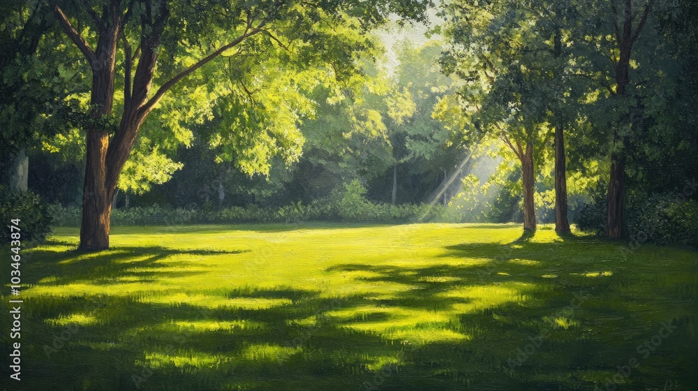 Lush summer landscape featuring a sunlit park with a glade of vibrant green grass Lush summer landscape featuring a sunlit park with a glade of vibrant green grass
