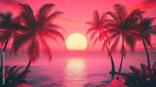 Palm trees with vibrant red foliage set against a neon pink sky ocean and sunset in a retro 80s pop art aesthetic