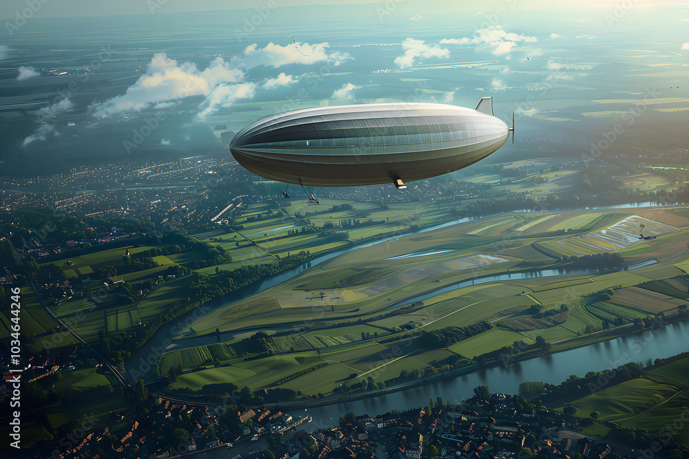 Naklejka premium Majestic Zeppelin Airship Soaring Above Serene Landscape with Lush Green Fields and Winding Rivers Below