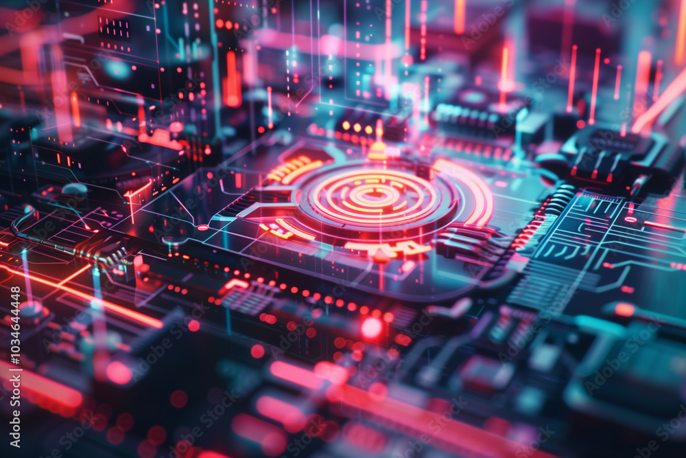 Computer motherboard Electronic circuit chips glowing with high energy. System for hardware drive. Cyberspace innovation of technology
Computer motherboard Electronic circuit chips glowing with high energy. System for hardware drive. Cyberspace innovation of technology