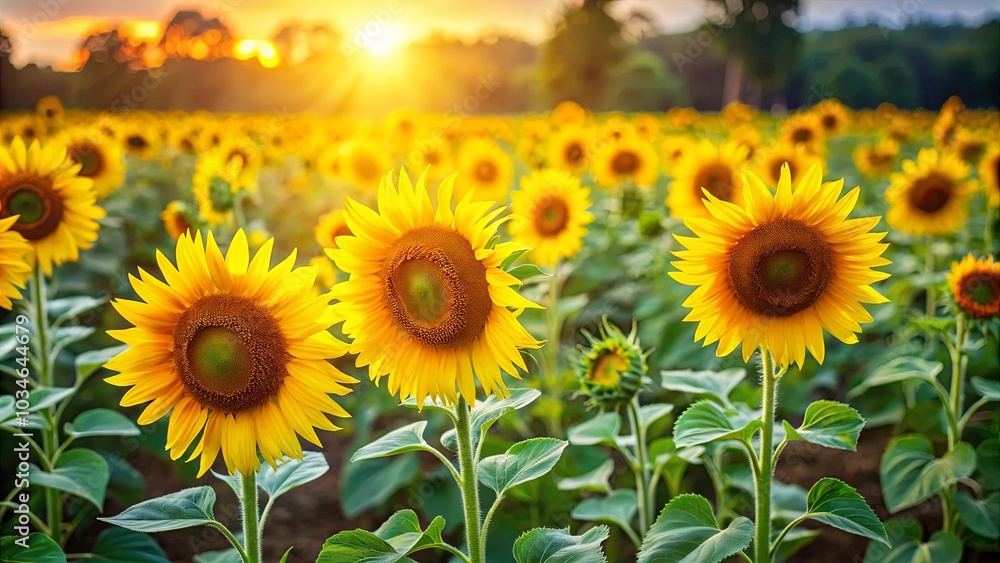 Fototapeta premium Golden Sunflowers Basking in the Warm Glow of Sunset, Their Faces Turned Towards the Sky, a Symbol of Hope and Joy