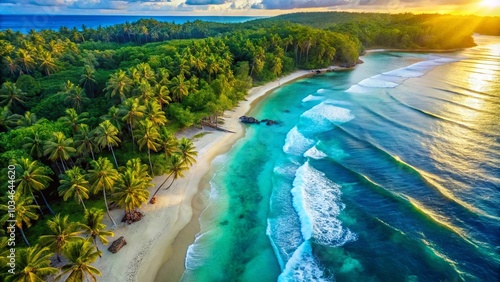 Golden Hour Hues Paint the Coastal Canvas with Gentle Waves Rolling Towards a Sandy Shore and Lush Palms