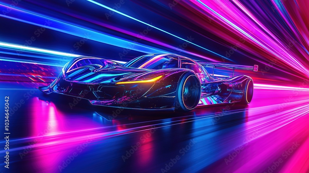 Naklejka premium A futuristic racing car speeds through vibrant neon lights in a dynamic urban setting at night