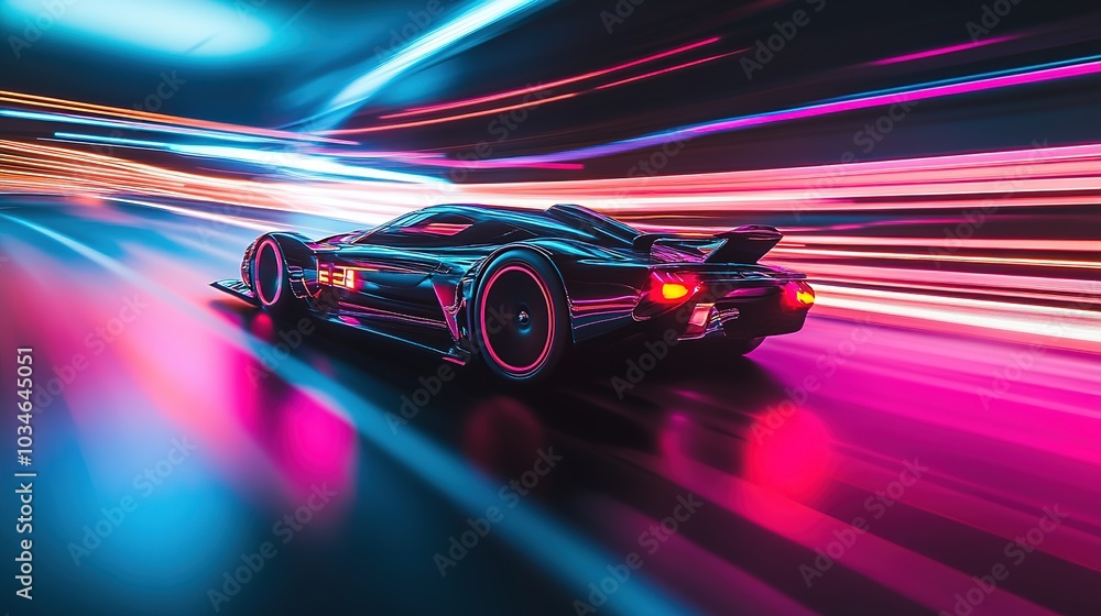 A futuristic racing car speeds through vibrant neon lights in a dynamic urban setting at night A futuristic racing car speeds through vibrant neon lights in a dynamic urban setting at night