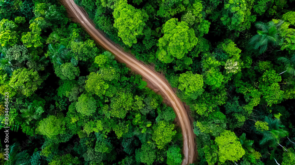 Aerial view of thriving rainforest intersected by dirt road, concept of sustainability Aerial view of thriving rainforest intersected by dirt road, concept of sustainability