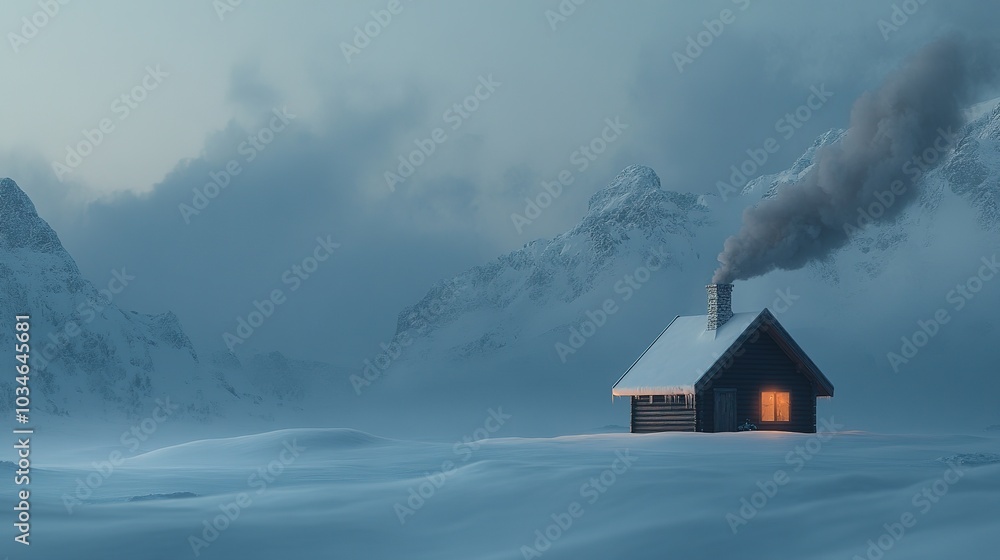 A cozy wooden cabin nestled in a snowy landscape with smoke curling from the chimney during a serene winter morning A cozy wooden cabin nestled in a snowy landscape with smoke curling from the chimney during a serene winter morning