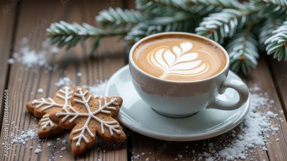cup of coffee with snowflake milk froth pattern with christmas cookies and fir branches on background cup of coffee with snowflake milk froth pattern with christmas cookies and fir branches on background
