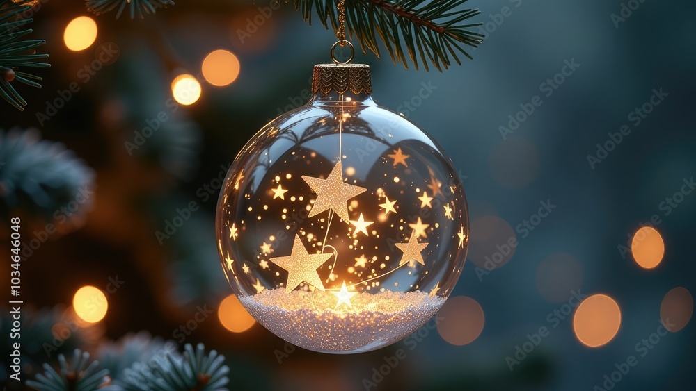 Christmas lights and stars in a golden ball hanging fir branch with golden glitter on a blue abstract night Christmas lights and stars in a golden ball hanging fir branch with golden glitter on a blue abstract night