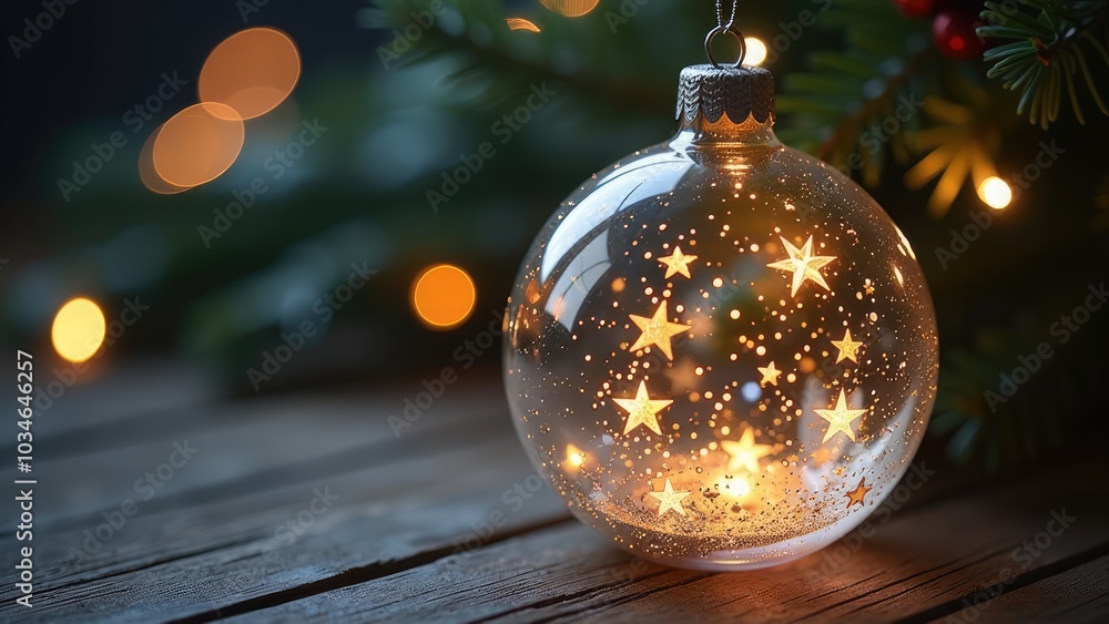 Christmas lights and stars in a golden ball hanging fir branch with golden glitter on a blue abstract night Christmas lights and stars in a golden ball hanging fir branch with golden glitter on a blue abstract night