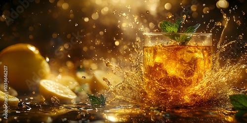 A Glass of Iced Tea with Mint, Sprinkled with Lemon Slices and Splashing Liquid, Against a Sparkling Golden Background