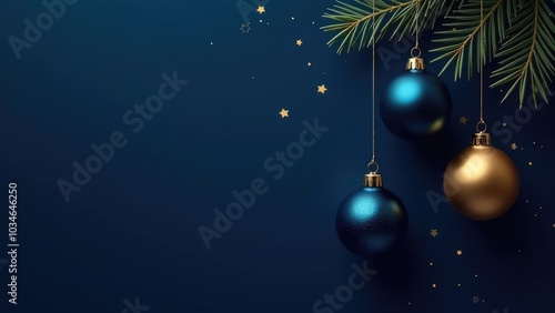 Blue and gold luxury Christmas balls ornaments, glitter blue paper gift box, fir branches on dark blue background. Xmas vertical banner design, Happy New Year party invitation card template.