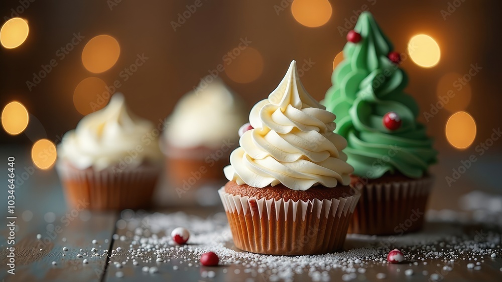 Christmas tree shaped cupcakes and decor on table Christmas tree shaped cupcakes and decor on table