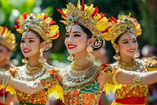 Balinese Dancer in Traditional Costume with Headpiece and Jewelry photo