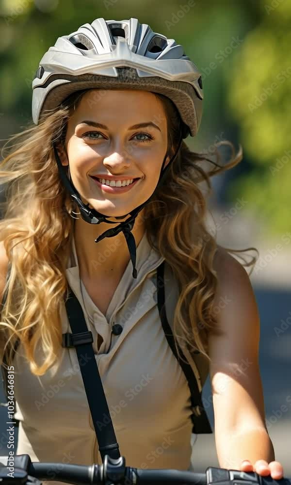 A happy, helmet-wearing young lady cycling in an urban park
A happy, helmet-wearing young lady cycling in an urban park