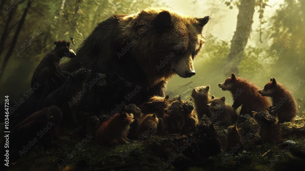 Fototapeta premium Bear and Cubs in the Forest