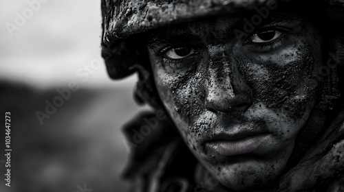 Close-up Black and White Photograph of a Soldier's Mud-Covered Face, Showing Determination and Intensity in His Gaze