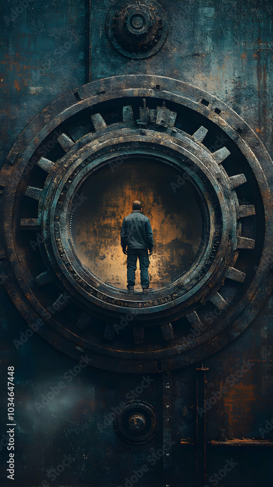 A lone figure stands within a circular opening of a massive rusted gear, looking out towards the unknown. A lone figure stands within a circular opening of a massive rusted gear, looking out towards the unknown.