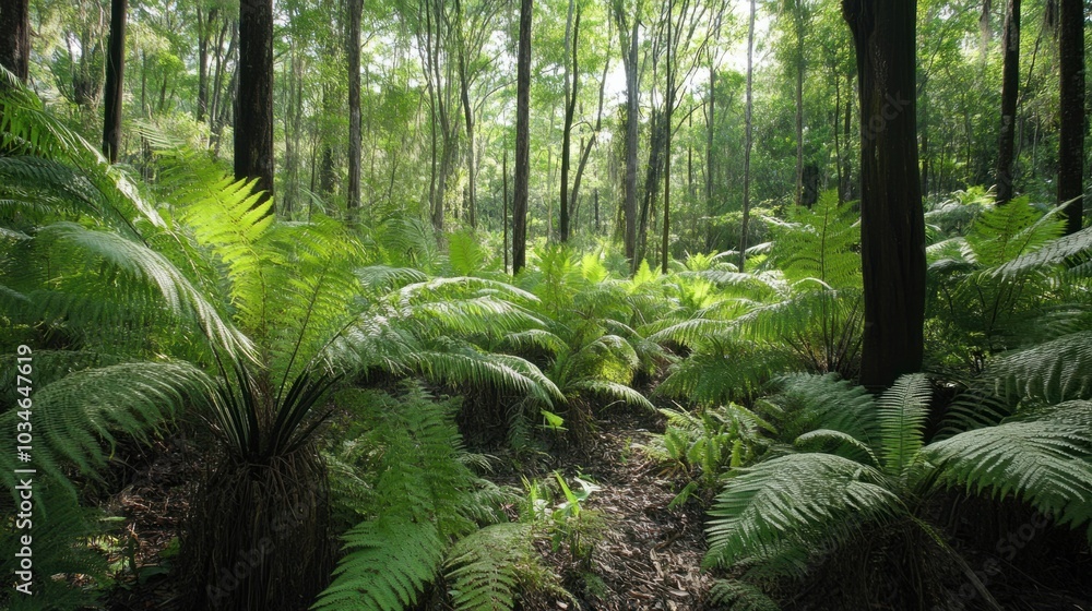 A dense forest of ancient tree ferns thriving in a humid prehistoric environment. A dense forest of ancient tree ferns thriving in a humid prehistoric environment.