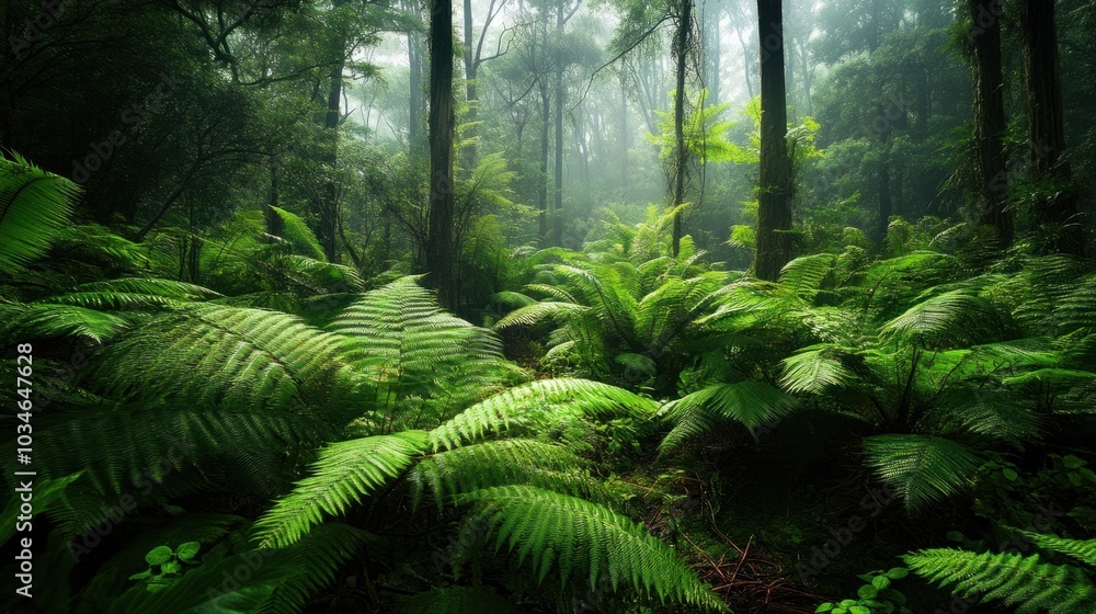 A dense forest of ancient tree ferns thriving in a humid prehistoric environment. A dense forest of ancient tree ferns thriving in a humid prehistoric environment.