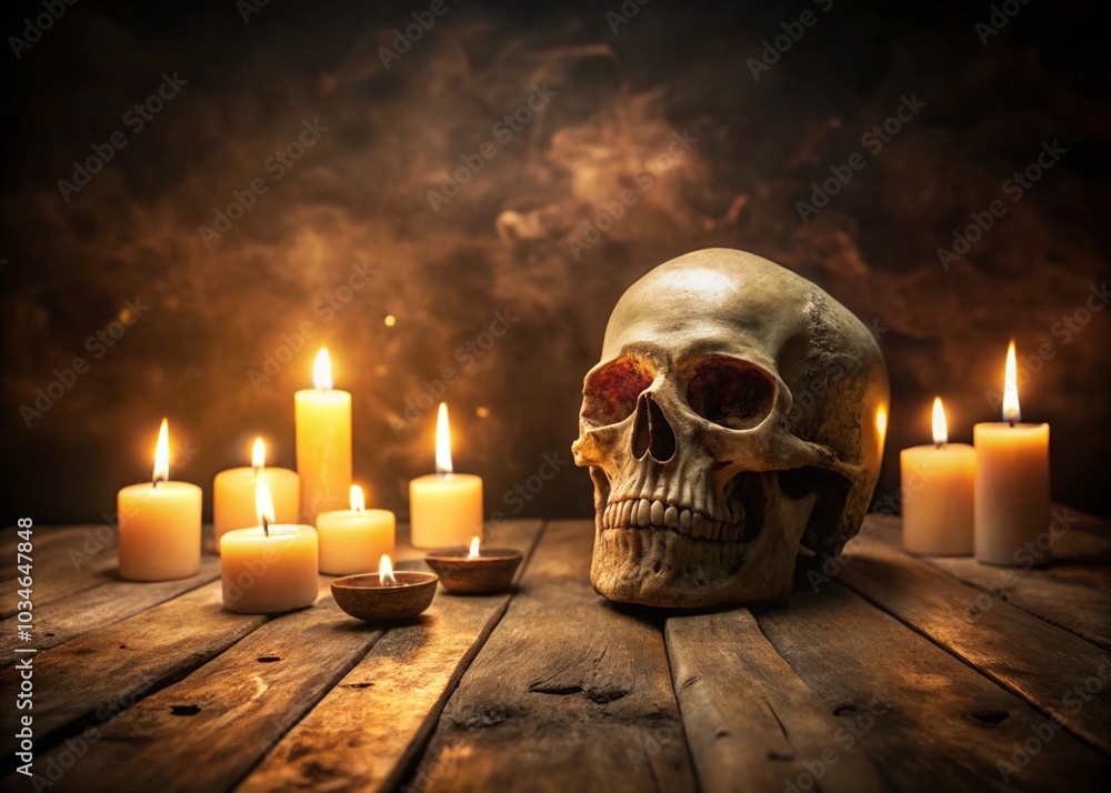 Creepy human skull with candles on a weathered wood table in dim light, evoking a haunting Halloween mood. Creepy human skull with candles on a weathered wood table in dim light, evoking a haunting Halloween mood.