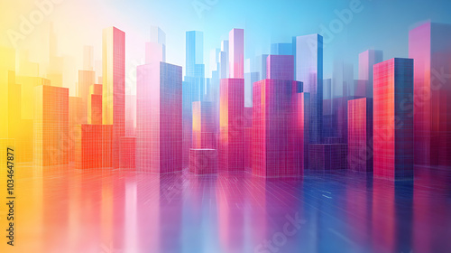 Abstract 3D Wireframe Cityscape with Gradient Colors and Reflections