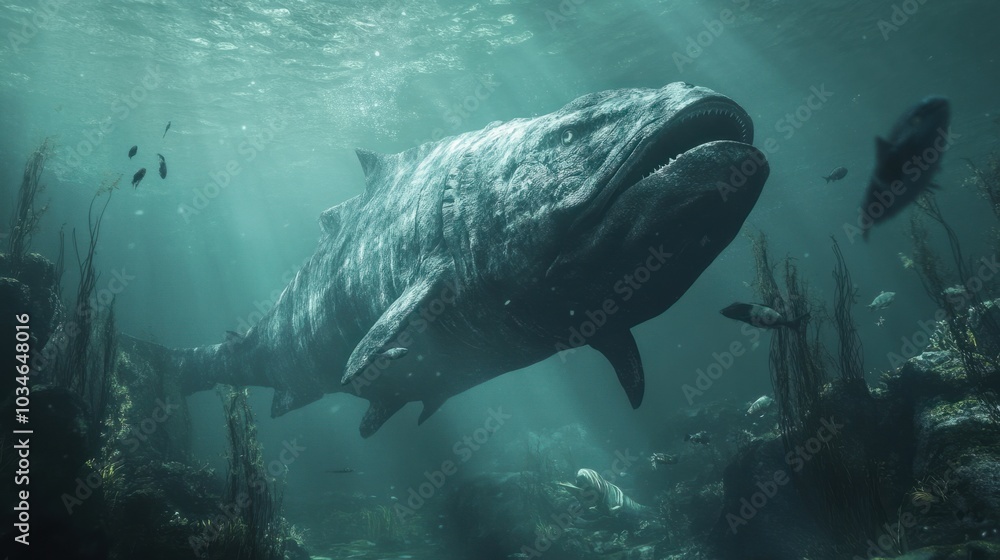 Fototapeta premium A giant prehistoric fish hunting smaller species in the murky depths of an ancient ocean, surrounded by marine life.