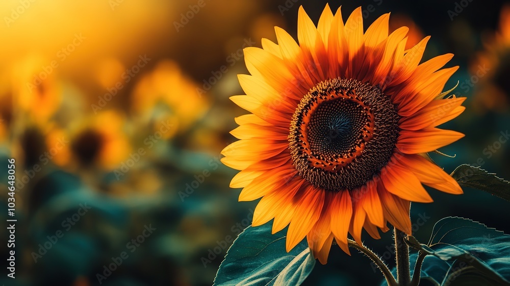Fototapeta premium A vibrant sunflower stands tall amidst lush foliage, capturing sunlight in a serene garden during early evening hours