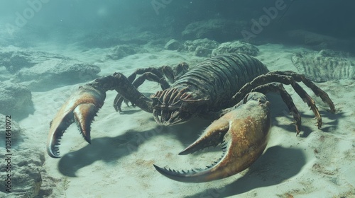 A giant sea scorpion lunging at a trilobite on the ocean floor, claws outstretched in a deadly attack.