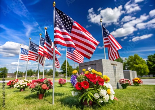 Rows of American flags and colorful flower arrangements at a veteran memorial on a sunny day honoring military service.