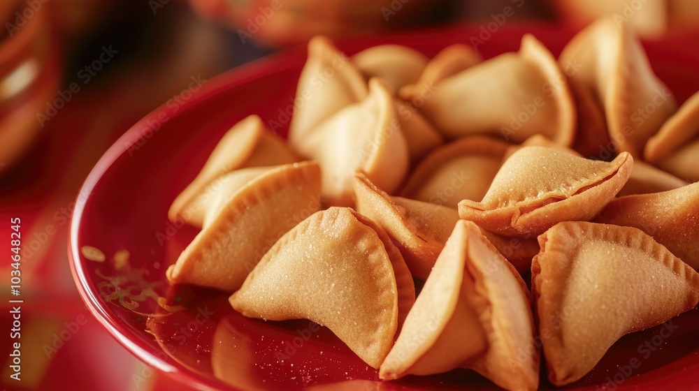 Close-up of traditional chinese fortune cookies on a red plate Close-up of traditional chinese fortune cookies on a red plate