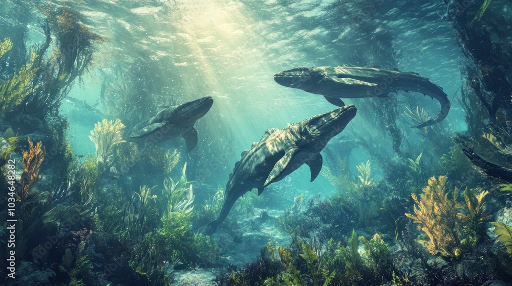 Obraz premium A group of ichthyosaurs swimming through an underwater forest of marine plants in a primeval sea.