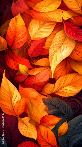 Wallpaper Mural Autumn Leaves Pattern Abstract Illustration with Intricate Veining in Warm Tones of Orange, Red, and Yellow Torontodigital.ca
