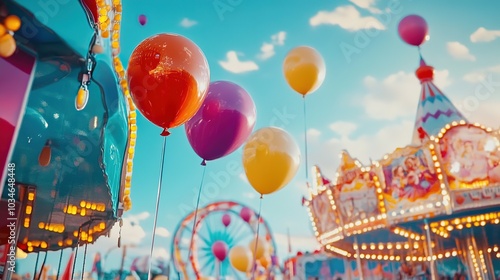 Colorful balloons floating at a lively amusement park during a sunny afternoon with a ferris wheel in the background