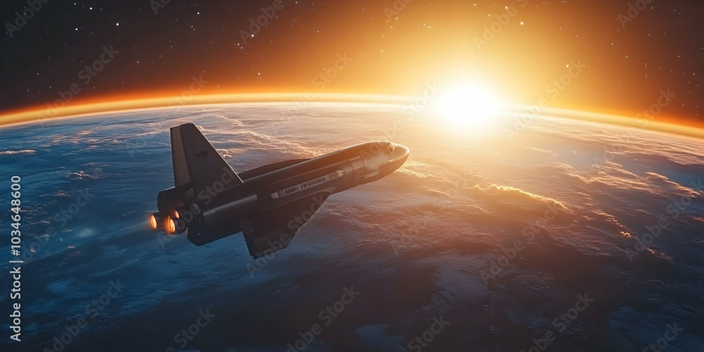 A Futuristic Spacecraft Soars Through the Atmosphere Towards a Glowing Sunrise Above Earth A Futuristic Spacecraft Soars Through the Atmosphere Towards a Glowing Sunrise Above Earth