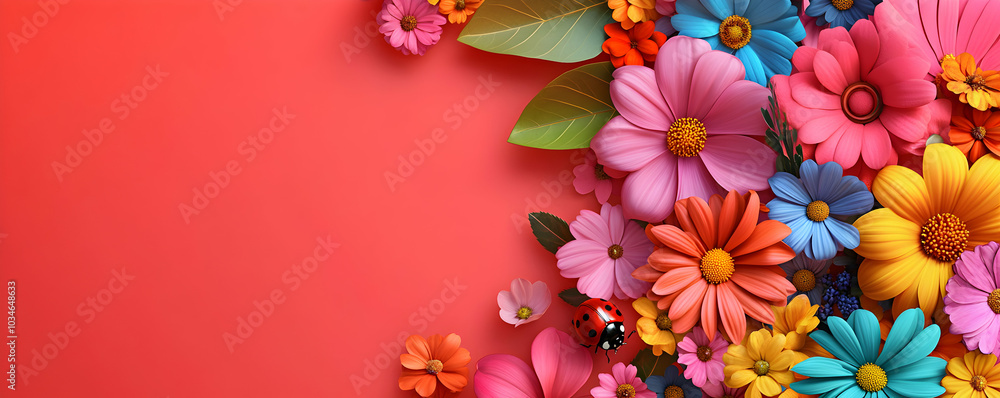 Colorful Flowers with a Ladybug on a Red Background, copy space background Colorful Flowers with a Ladybug on a Red Background, copy space background