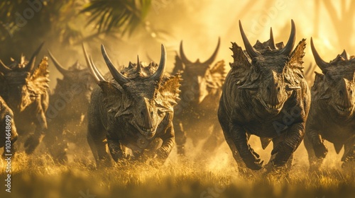 A herd of ceratopsians forming a tight group, their horns pointed outward to fend off a predator.