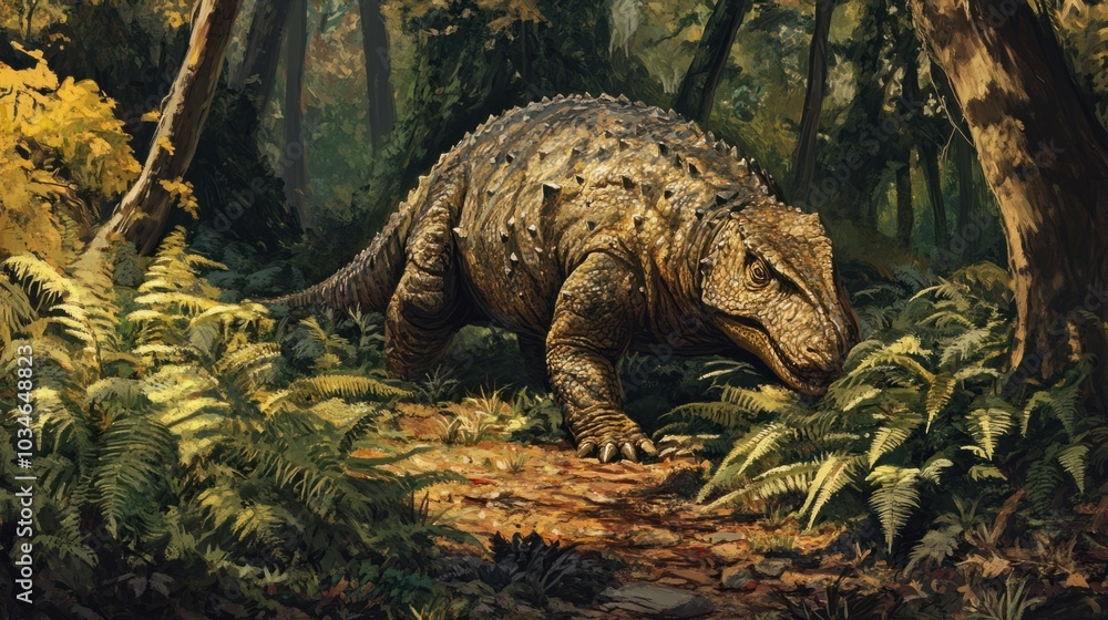 A large, herbivorous prehistoric reptile grazing on ferns in a lush, tropical forest. A large, herbivorous prehistoric reptile grazing on ferns in a lush, tropical forest.