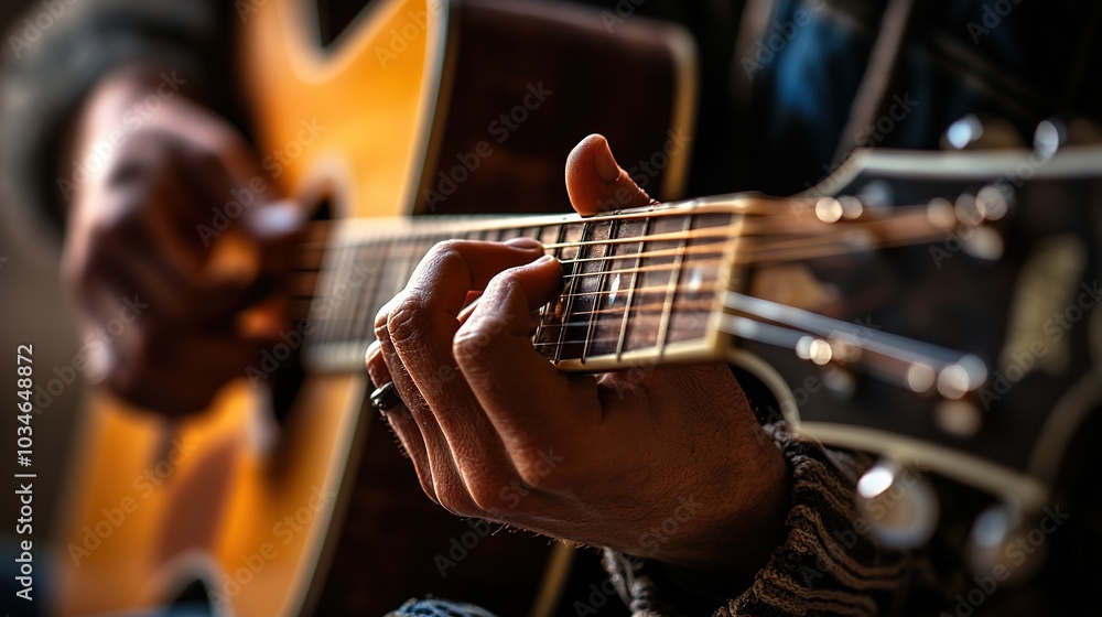 Fototapeta premium A person strumming an acoustic guitar in a cozy room, creating music during a relaxed afternoon