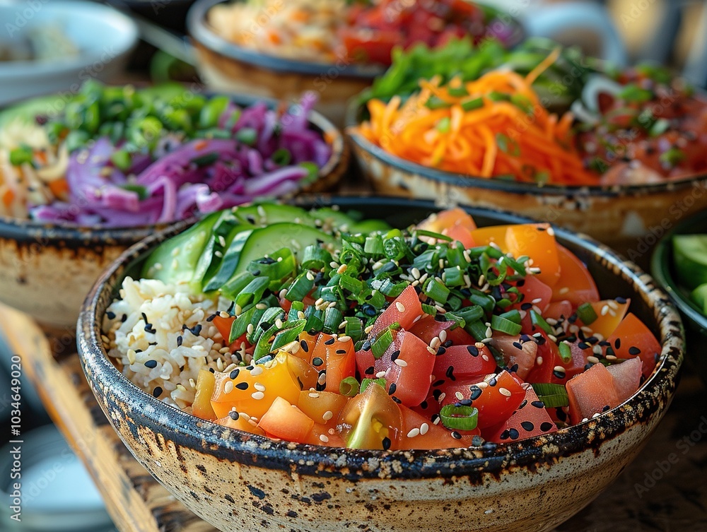 A colorful array of fresh ingredients in bowls, ideal for a healthy meal.