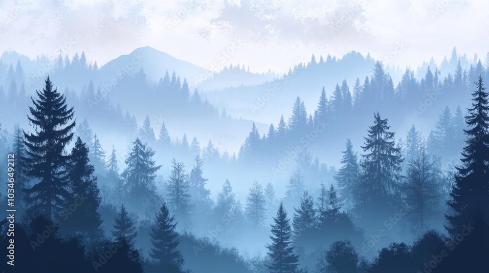 Serene Misty Forest Landscape in Blue Tones Serene Misty Forest Landscape in Blue Tones