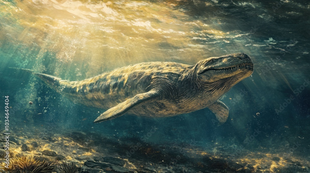 Fototapeta premium A large marine reptile swimming near the bottom of the ocean, hunting in the depths of a prehistoric sea.