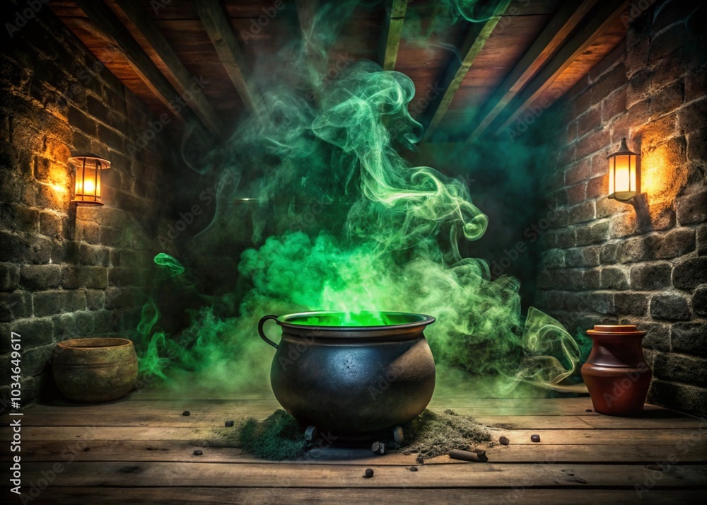 Enchanted cauldron with glowing green vapor in a shadowy, rustic setting, perfect for a spooky Halloween atmosphere. Enchanted cauldron with glowing green vapor in a shadowy, rustic setting, perfect for a spooky Halloween atmosphere.
