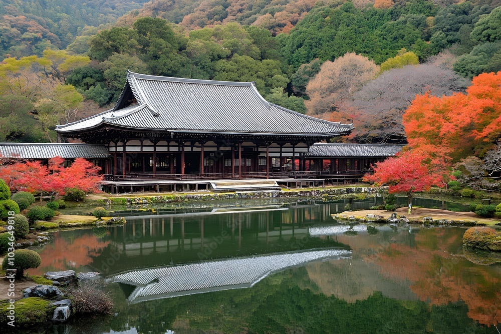 Traditional Japanese Temple with Autumn Foliage and Reflection in Pond Traditional Japanese Temple with Autumn Foliage and Reflection in Pond