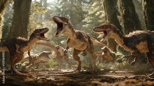 A pack of dromaeosaurs attacking a large prey, surrounding it with their sharp teeth bared. photo