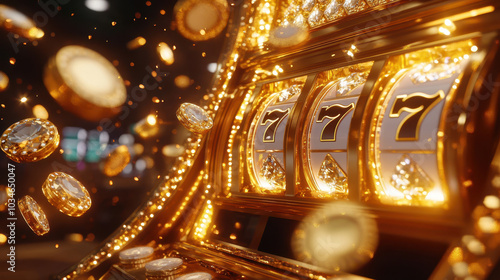 luxurious slot machine surrounded by sparkling coins and golden lights, creating exciting atmosphere of chance and fortune