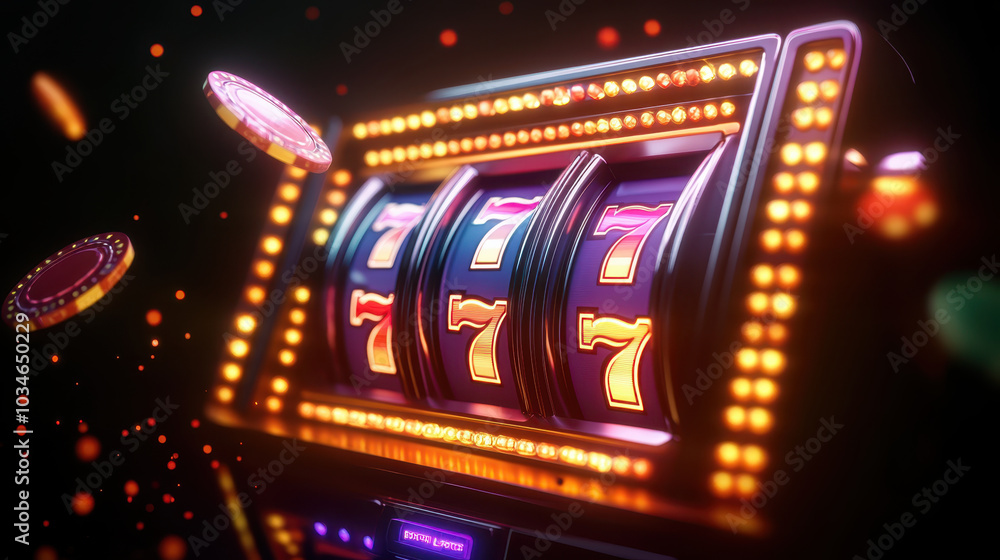 Neon lit retro slot machine glowing in dark casino, creating exciting atmosphere filled with anticipation and thrill Neon lit retro slot machine glowing in dark casino, creating exciting atmosphere filled with anticipation and thrill